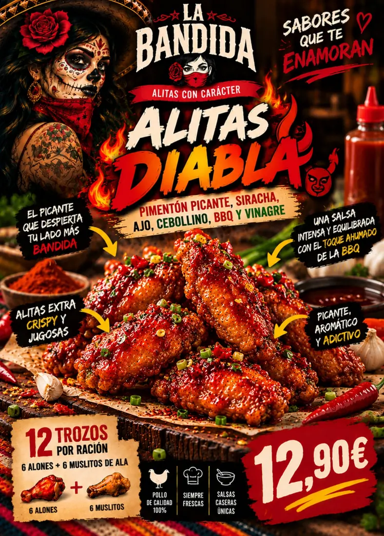 Cartel de Alitas Diabla con sus ingredientes