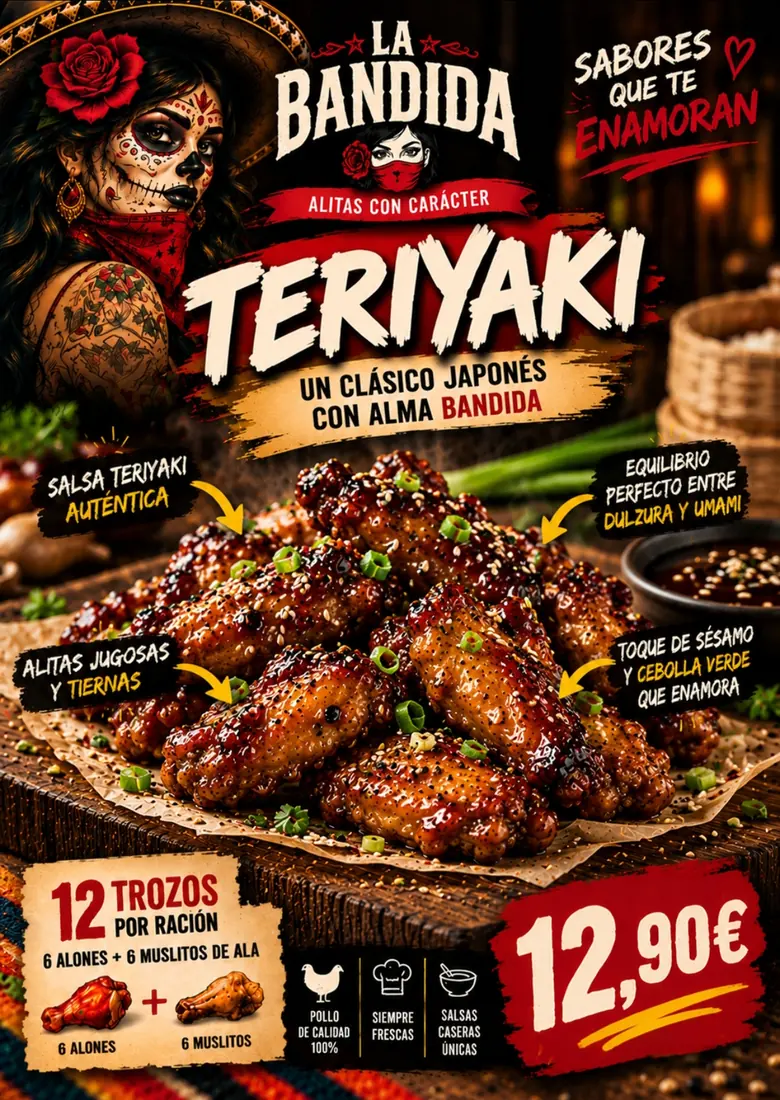Cartel de Alitas Teriyaki con sus ingredientes