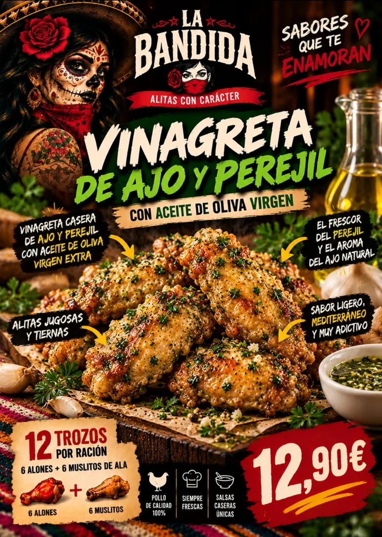 Cartel de Alitas Vinagreta de ajo y perejil con sus ingredientes