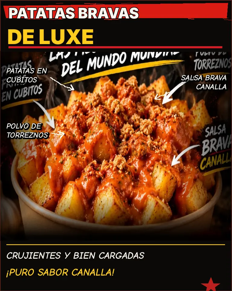 Cartel de Patatas Bravas de Luxe con sus ingredientes