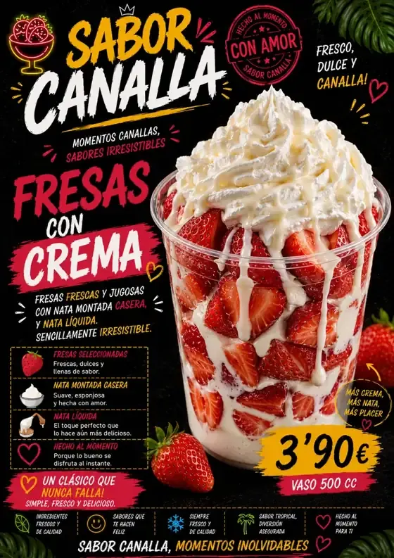 Cartel de Fresas con crema con sus ingredientes