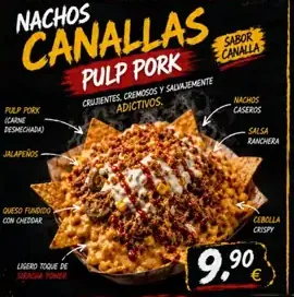 Cartel de Nachos Canallas Pulled Pork con sus ingredientes