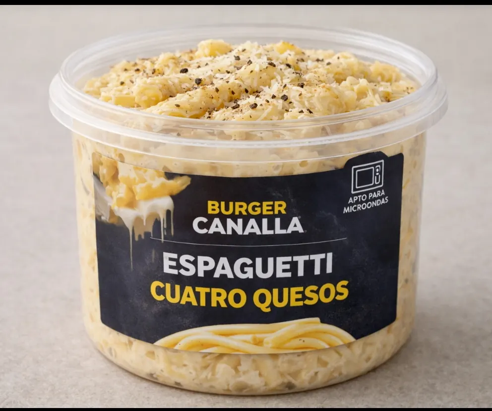 Cartel de Espaguetis Cuatro Quesos con sus ingredientes