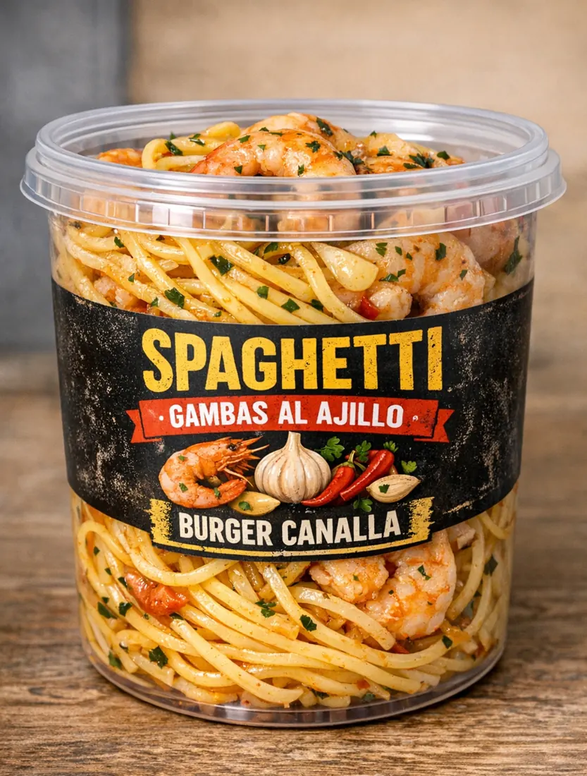 Cartel de Spaghetti gambas al ajillo con sus ingredientes