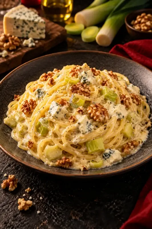 Cartel de Pasta de puerro, gorgonzola dolce y nueces con sus ingredientes