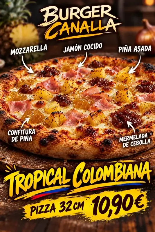 Cartel de Pizza Tropical Colombiana con sus ingredientes