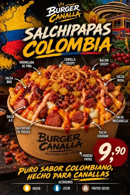Cartel de Salchipapas Colombia con sus ingredientes
