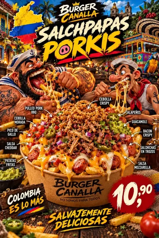 Cartel de Salchipapas Porkis con sus ingredientes