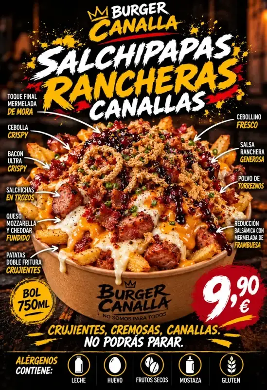 Cartel de Salchipapas Rancheras Canallas con sus ingredientes